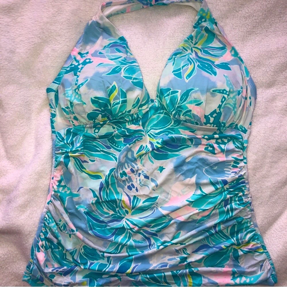 Lilly Pulitzer GUC Blue Floral Ruched Halter Tankini Top size 12